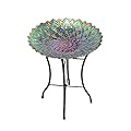 Teamson Home Handpainted Mosaic Flower Fusion Glass Pedestal Bird Bath for Outdoor Patio Garden Backyard Decking Décor, 21 inch Height, Blue and Purple