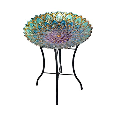 Teamson Home Handpainted Mosaic Flower Fusion Glass Pedestal Bird Bath for Outdoor Patio Garden Backyard Decking Décor, 21 inch Height, Blue and Purple Cover