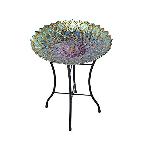 Teamson Home Handpainted Mosaic Flower Fusion Glass Pedestal Bird Bath for Outdoor Patio Garden Backyard Decking Dcor 21 inch Height Blue and Purple