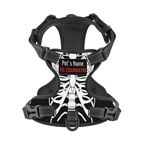 Custom No Pull Dog Harness, Personalized Skull Skeleton Dog Vest with Pet Name Phone Number, Customized Adjustable Reflective Pet Harness for Large Medium and Small Dogs Cats Outdoor Walking