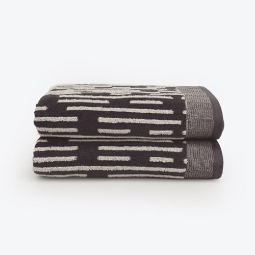 Allure Pack of 2 Barcode Stripe Bath Towels 70 x 125cm – Super Soft, Absorbent & Quick Dry Pop Up Zero Twist Striped Textured 100% Cotton Bathroom Towels (Dark Steel)