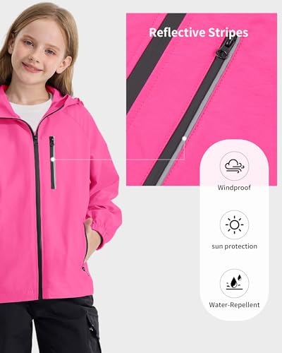 Image of Rolanko Girls Rain Jacket Lightweight Waterproof Hooded Kids Raincoat 6-16 | Kids Windbreaker, Water-Repellent, Sealed Zip Pockets, Reflective Strips, Extended Hood, Outdoor, School Daily, Travel