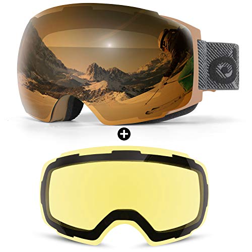 Odoland Unisex Ski Goggles for Men, Women and Boys - Frameless Snowboard Goggles With Magnetic Interchangeable Lens, UV Protection, Anti-fog, Helmet Compatible for Skiing Amber (sunny)+Yello