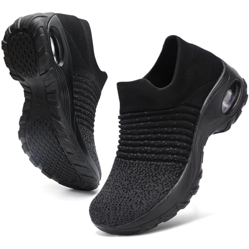 HKR Trainers for Women Slip on Ladies Running Walking Shoes Breathable Fitness Workout Gym Sneakers Arch Support Black Mix UK 5