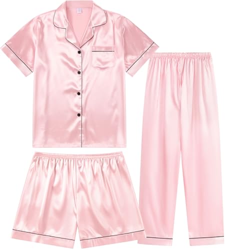 Image of 3 Piece Silk Satin Pajama Set for Women Soft Short Sleeve Button Down Pjs with Shorts Long Pants Sleepwear S-XXXL