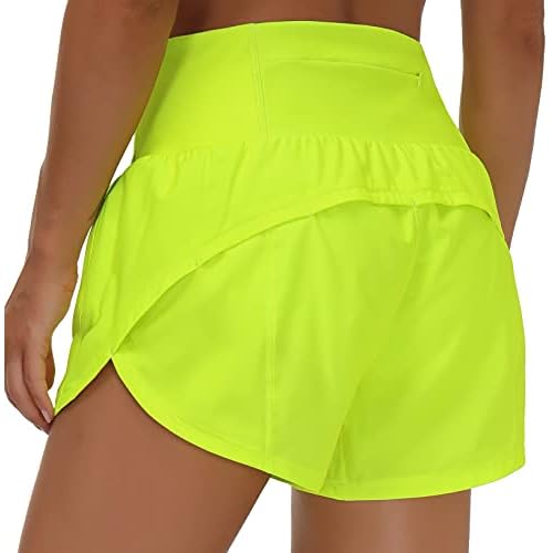 THE GYM PEOPLE Womens High Waisted Running Shorts Quick Dry Athletic Workout Shorts with Mesh Liner Zipper Pockets Light Yellow Large