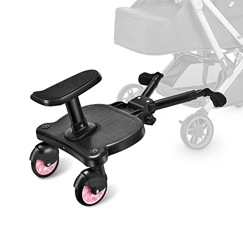 Planche de Poussette, Vogvigo Buggy board avec Siège, Marche Poussette Universelle avec Grande Plateforme, pour Enfants de 2 à 6 ans (25 kg), Compatible avec Toutes Les Poussettes (rose)