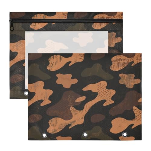 Pencil poucheses 3-Holes Pocket Folders for 3 Rings Binder 2 Pack Teacher Art Supplies Storage Retro Camouflage Black Brown