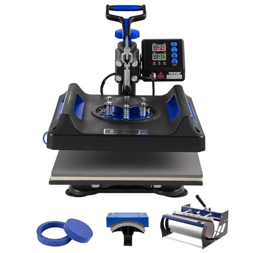 VEVOR 5 in 1 Heat Press Machine, Heat Transfer Machine with 30 oz Tumbler Press, 15 x 15 inch, 360° Swing Away T-Shirt Pressing, Fast Even Heating, for T-Shirts/Mugs/Plates/Hats, Black+Blue