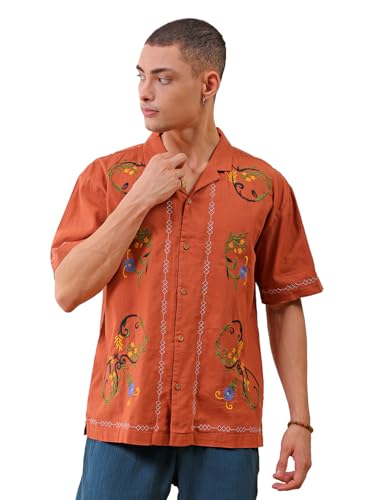 Image of The Indian Garage Co Men Relaxed Fit Placement Embroidered Half Sleeves Cuban Collar Resort Wear Shirt