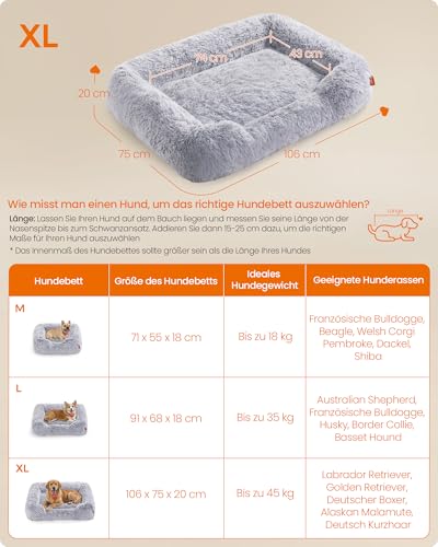 Feandrea Hundebett, großes Hundekissen, 106 x 75 x 20 cm, Hundekorb, weiche Polsterung, Hundesofa, erhöhte Ränder, Bezug abnehmbar und waschbar, rutschfest, Ombré-Grau PGW273G01