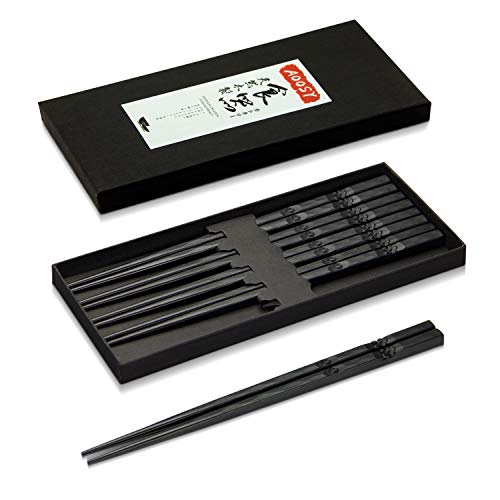 AOOSY 5 Paires de Baguettes en Fibre de Verre lavables au Lave-Vaisselle, Style Japonais Beau modèle Baguettes antidérapantes Sushi Noir Baguettes en Alliage Noir avec boîte-Cadeau