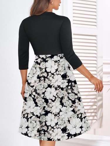 Image of YATHON Womens Elegant Print Notched Neck Slant Pocket Pleated Hem Casual A-Line Dress
