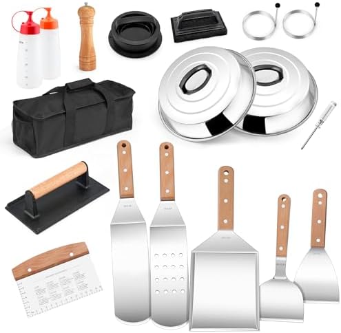 18Pcs Griddle Accessories kit, Joyfair Commercial 18/10 Stainless Steel Flat Top Griddle Grill Tools, Metal Grilling Spatulas Set for Outdoor & Indoor Cooking – Camping, Backyard BBQ, Restaurant