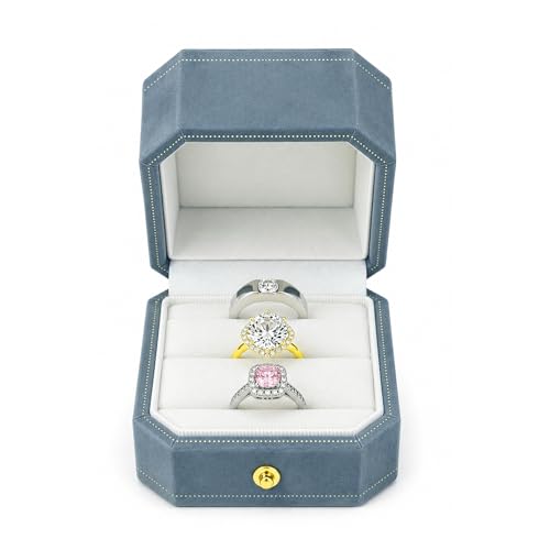 MTJYQYF 3 Slots Velvet Jewelry Ring Box Octagon Engagement Ring Box Ring Display Holder Case with Hinged Lid for Proposal Engagement Wedding 2.44x2.44x2.17 IN-U2-PRB003-Lake Blue