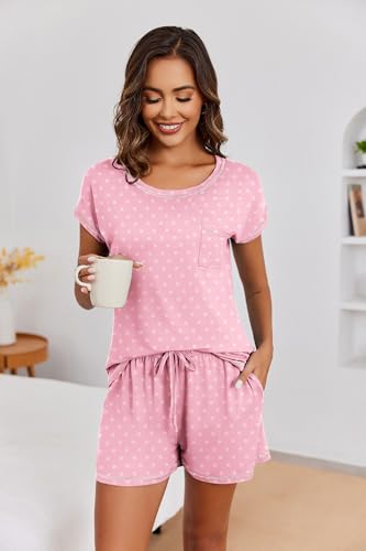 Image of Ekouaer Womens Pajama Sets 2 Piece Soft Short Sleeve Top and Shorts Sleepwear Round Neck Pjs Lounge Set with Pockets