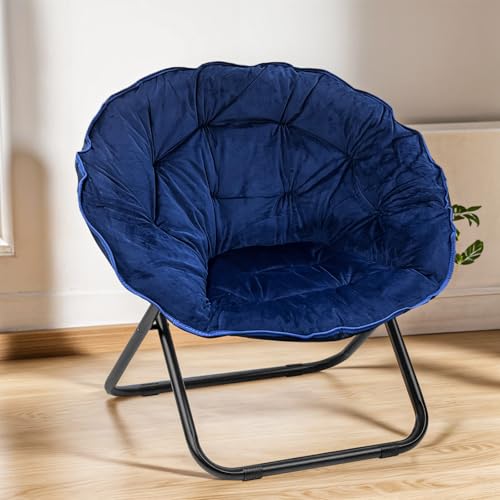 Grezone Folding Faux Fur Saucer Chair,Portable Folding Soft Moon Chair for Bedroom, Dorm Rooms, Apartments, Lounging, Garden, Blue - Thumbnail 3