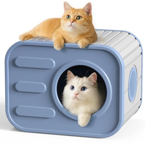 KFY Insulated Outdoor Cat House Weatherproof, Plastic Feral Cat Houses for Outdoor Indoor Cats with Camera-Shaped, Stackable Outside Cat House Shelter for Several Cats, Easy to Assemble, Blue