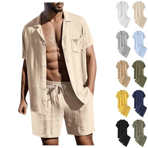 Generisch Khaki Zweiteiler Herren Leinenanzug Sommer Freizeitanzug Einfarbig 2-teilig Kurzarm Button-Up Revers Hemd und Shorts Beach Shirt Kurze Hose Set Baumwolle Leinen Anzug