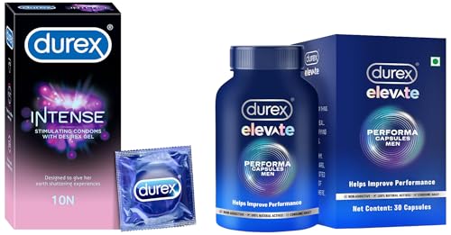 Image of Durex Elevate Performa Shilajit Capsules For Men With Intense Condoms For Her - 10 Count | Dotted And Ribbed Condom With Desirex Gel