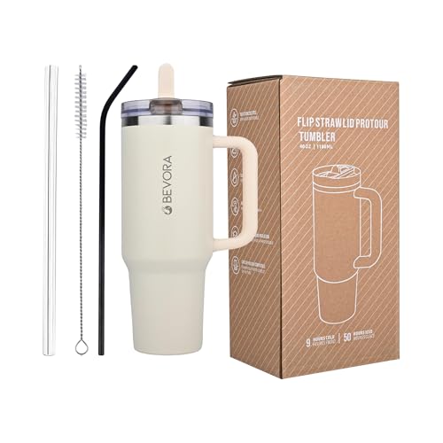 Bevora 1180ml Stainless Steel Tumbler with 2 Lids & 2 Straws | Double Wall Vacuum Insulated | Leakproof, Dustproof, Handle Mug for Hot & Cold Beverages – Travel, Office, Gym (Cream)