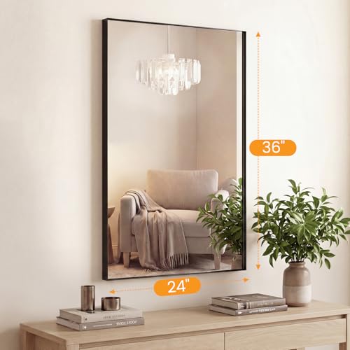 Image of NEWBULIG 24 inchx36 inch Wall Mirror, Bathroom Mirrors for Over Sink, Black | Matte Metal Framed Vanity Mirror with Tempered Glass, Entryway, Living Room, Bathroom