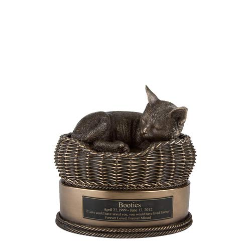 Perfect Memorials Custom Engraved Bronze Cat in Basket Cremation Urn
