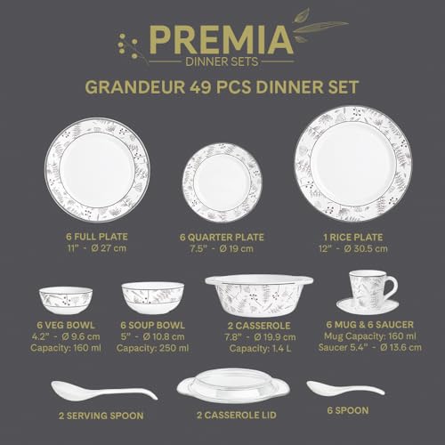 Image of Larah by Borosil 49pc Opalware Grandeur Dinner Set for Family of 6 | Microwave & Dishwasher Safe Crockery Set for Dining & Gifting | Plates & Bowls