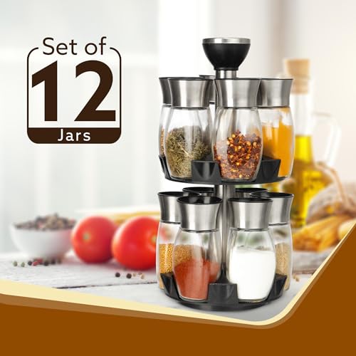 Image of AGARO Elegant Glass Spice Jar with Holder, Set of 12, Spinning Spice Storage Rack, Rotating Spice Holder, Spice Containers, Spice Seasoning Organizer, Masala box for Kitchen, Kitchen Storage Rack