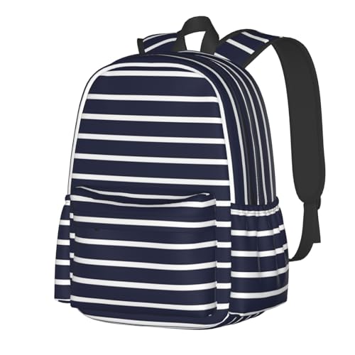 KOSUES Mochilas clássicas de listras azuis e brancas horizontais listradas para laptop de ombro duplo, mochila casual para mochila leve com bolsos laterais para viagens de negócios, trilhas