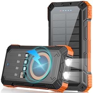 Solar Charger Power Bank 49800mAh Wireless Portable Phone Charger, 22.5W QC3.0 Fast Charging Built in 4 Cables with USB C 6 Outputs & 2 Inputs for Cell Phone Orange