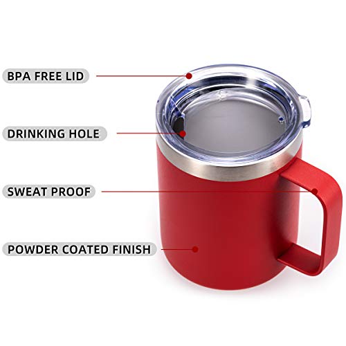 Civago Stainless Steel Coffee Mug Cup with Handle, 12 oz Double Wall Vacuum Insulated Tumbler with Lid Travel Friendly (Red, 2 Pack)
