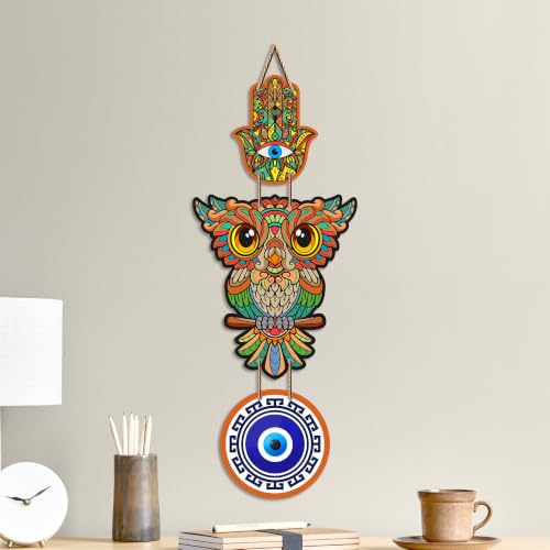 Image of Artvibes Colorful Owl Evil Eye Wall Hanging for Home Entrance | Lucky Owl Nazar Battu MDF Hanging Decor | Vastu Decorative Wall Art for Living Room | Bedroom | Office & Balcony | Gift Item (WH 8526N)