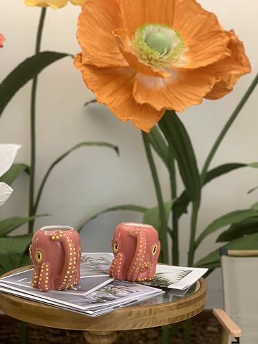 GLDOGO 3D Pink Octopus Ceramic Mug,Novel Handmade Octopus Shaped Statue Cup,Festivals or Birthday Gifts for Coffee and Milk Tea Enthusiasts