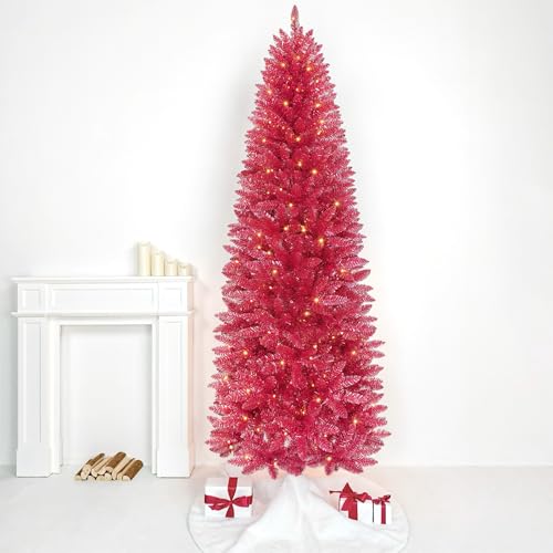 Assilyraft 7.5FT Prelit Slim Artificial Pink Tinsel Christmas Tree with 250 Warm White LED Lights, Sparkling Skinny Pencil Metallic Tree for Bedrooms, Living Rooms Modern Holiday Décor
