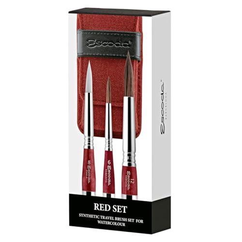 Image of Escoda | Watercolour | Red Travel Set | Size 6,8,12 | 3 Brushes | Synthetic Kolinsky + White Toray | Round Pointed