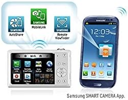 Samsung Smart Camera App interface on a smartphone, showing options like AutoShare, MobileLink, and Remote Viewfinder