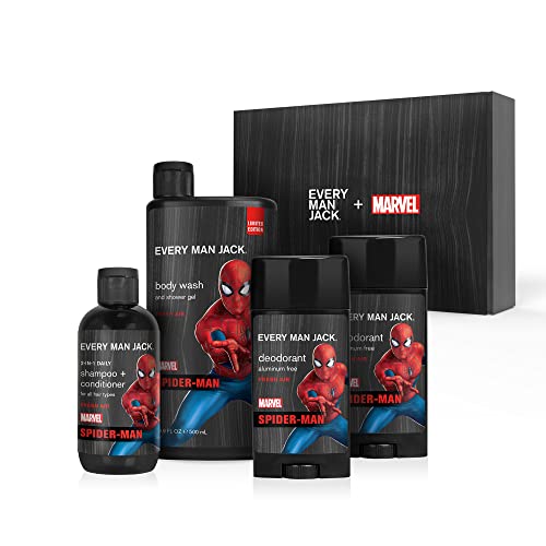 Every Man Jack Spider-Man 身体套装 - 适合每个男人和漫威爱好者 - 沐浴和身体 Marvel 礼品套装,含清洁成分和令人难以置信的香味 - 包括沐浴露、洗发水和除臭剂 2 件装