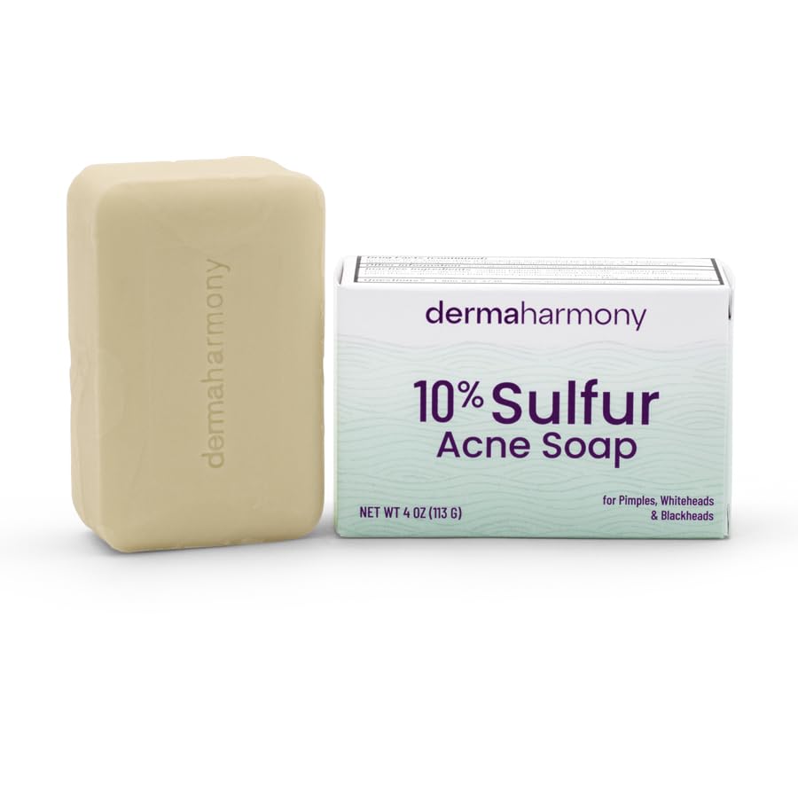 Dermaharmony 10% Sulfur Acne Bar Soap Acne Treatment Bar for Face & Body 4 oz Helps Clear Acne Blemishes Pimples Blackheads & Whiteheads Noncomedogenic Made in USA