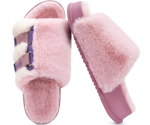 KuaiLu Womens Fuzzy Platform Open Toe Slipper with Arch Support Fluffy Furry Slides Orthotic Faux Rabbit Fur Sandal Ajustable House Shoes Indoor Outdoor Pink Size 82
