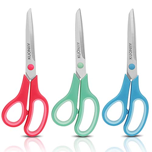 KUONIIY Ciseaux,Lame Recouverte de Titane Ultra-tranchante, Manche Douce et Confortable, Ciseaux à Multi-usages, Lot de 3 Paires, 20,3 cm, Rouge, Vert, Bleu