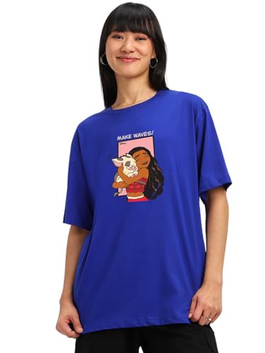 Image of JUNEBERRY 100% Pure Cotton Oversized Baggy Fit Official Disney Merchandise Cool & Goofy Graphic Printed T-Shirt for Women (Characters: Moana, Pooh & Lion King)