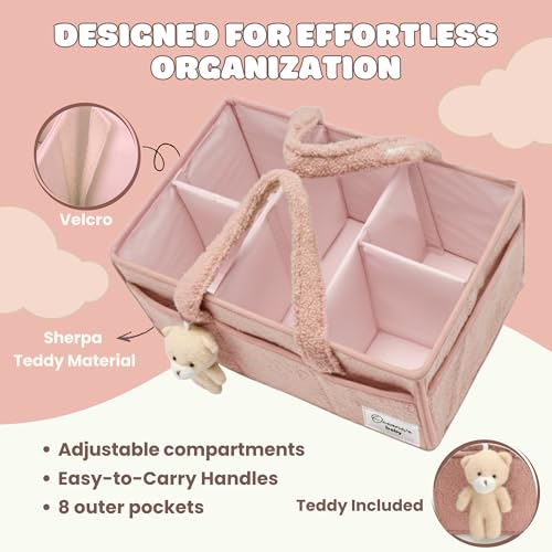 Image of OCEANEVO Cute Fur Diaper Caddy Organizer Bag WITH Luggage Tag AND Bear Charm, Baby Basket Essentials for Newborn Baby Products Storage with Compartments and Handle - 38 x 25 x 18 cm - Model 3 - Pink