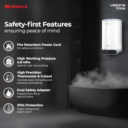 Image of Havells Velora Prime 10L Storage Water Heater(Geyser)|Faster Heating|Safer to use|Saves electricity |Engineered for Hard Water|Feroglas Coated Anti Rust Tank|Mcoloy Heating Element|7 Yr Tank Warranty