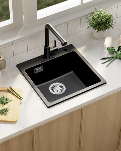 Sofetiy Fregadero Cocina 1 Seno 45x45cm, Fregadero Negro de Granito, Fregadero de Cocina Con Sifón, Fregadero Sobre Encimera Rectangular, Fregadero con 2 Agujeros para Grifería, Fácil de Limpiar