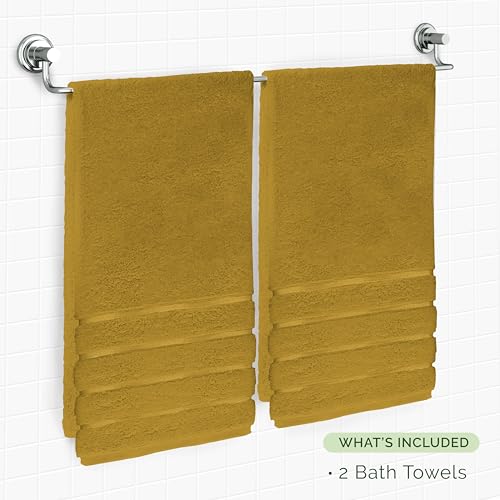 Image of Elegant Comfort 100% Turkish Cotton 4 Lines Viscose Stripe Luxury 2 Pack Bath Towel Set 27 x 54 Inch - Super Soft and Highly Absorbent Premium Hotel Spa Quality Towels for Bathroom Use, Gold