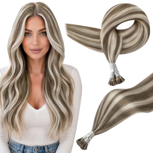 Image of Full Shine I Tip Hair Extensions Human Hair, Ash Brown Highlighted, 16 Inch