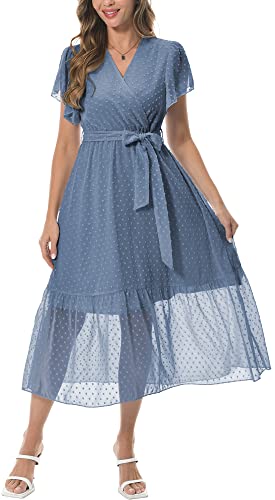 PCEAIIH Women Summer Bohemian Floral Casual Cocktail Dresses V Neck Ruffle Cap Short Sleeve Wrap Belt A-Line Pleated Hem Swing Midi Sun Dress 2XL Dot Grey Blue