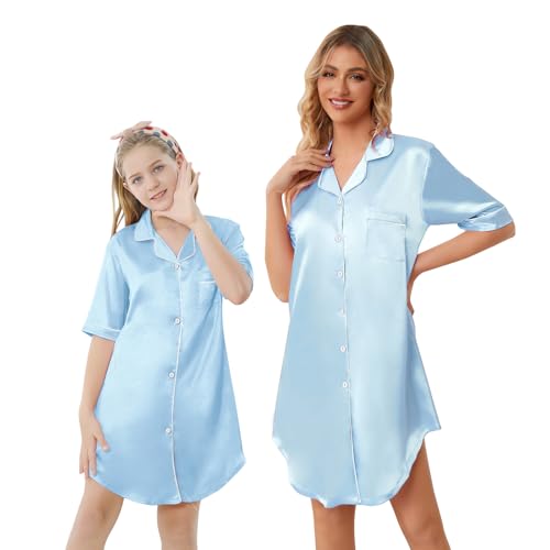 Schbbbta Girls Short Sleeve Satin Nightgown Button Down Silky Nightshirt Dress Sleepwear for Kids, Sky Blue 5-6Y=130