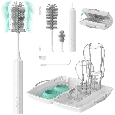 7 in 1 Electric Baby Bottle Brush Kit - Brush Handle Rotated 90°Design, Silicone Bottle Brush, Nipple Cleaner Brush, Straw Brush, Drying Rack for Home and Travel Better Cleaning Cover